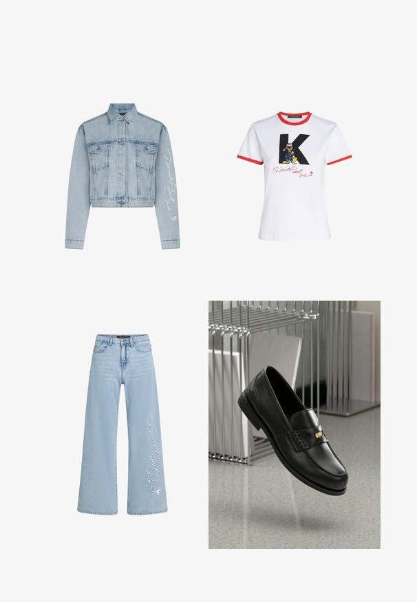 Svijetloplava traper jakna kratkog kroja s dugim rukavima i kopčanjem sprijeda, dva džepa na prsima te bijelim vezom napisanom na jednom rukavu.; Bela bombažna majica s rdečim ovratnikom in robovi rokavov. Ima črno grafiko 'K' in Donalda k Ducka s podpisom v rdeči barvi.; Svjetloplave traperice širokih nogavica s izvezenim tekstom "Donald i Daisy" na lijevoj nogavici. Sadrži klasičan dizajn s pet džepova i petlje za remen.; Črne usnjene loafer čevlje z gladko površino, ki imajo dekorativen trak in majhen zlati akcent. Podplat je raven z zaobljenim prstom.