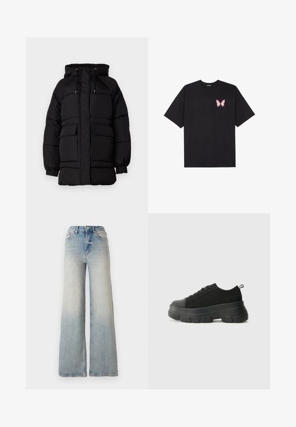 Mustat pehmustetut takit, joissa on huppu, säädettävät nyörit, kaksi etutaskua ja teksturoitu pinta. Suunniteltu tarjoamaan lämpöä ja mukavuutta.; Musta puuvillapaita lyhyillä hihoilla, jossa on pieni vaaleanpunainen perhosgrafiikka vasemmassa rinnassa. Pyöreä kaula-aukko ja rento istuvuus.; Vaaleansiniset leveälahkeiset farkut, joissa on korkea vyötärö, viisi taskua ja näkyvät ompeleet saumoissa.; Mustat urheilukengät, joissa on paksu kumipohja, teksturoitu kangasvarsi, pyöreä kärki ja nauhalukitus. Varusteena vahvistetut nauhareiät ja takana vetotanko.