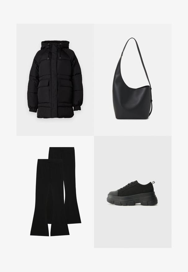Črna podložena jakna s kapuco, nastavljivimi vrvicami, dvema sprednjima žepoma in teksturiranim zaključkom. Oblikovana za toploto in udobje.; Črna majica iz bombaža s kratkimi rokavi, ki pokriva belo dolgi rokav z subtilnim teksturiranim vzorcem. Oblika izrezanega vratu.; Črne razširjene hlače iz elastičnega materiala, z visokim pasom in gladko teksturo, prilegajočega dizajna, ki se razširijo od kolena naprej.; Črne teniske z debelim gumijastim podplatom, zgornji del iz teksturirane tkanine, okrogla punta in zavezovanje z vrvicami. Vključujejo ojačane luknje za vrvice in zanko na hrbtu.; Črna usnjena hobo torba z gladko teksturo, ukrivljeno obliko in eno nastavljivo naramnico; ima širok odprtina na vrhu.