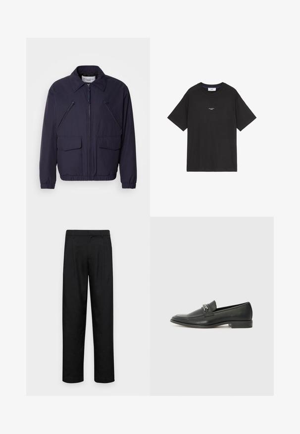 Navy blue jacket with a zip front, pointed collar, two large front pockets, and two angled chest zip pockets. Made of smooth, lightweight material.; Black cotton t-shirt with a round neck and short sleeves. Features a small white logo detailing on the front. Simple design, relaxed fit.; Black trousers made of smooth fabric, featuring a straight-leg design, two front pleats, and standard waistband with belt loops.; Black leather loafer with a smooth finish, featuring a stitched design and a decorative metal chain accent across the vamp. Flat heel.