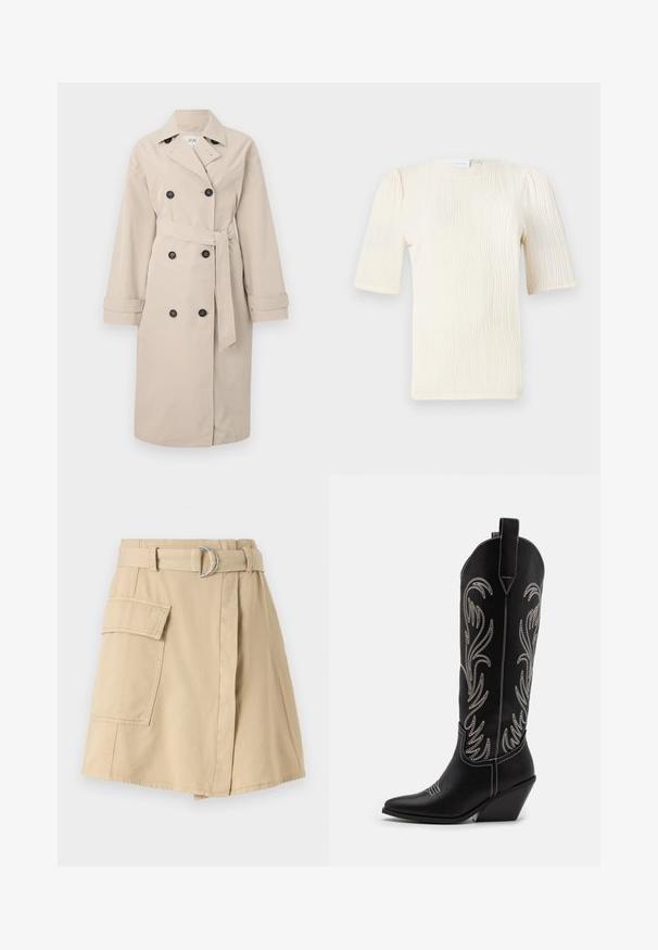 Beige trench coat with double-breasted front and black buttons. Features wide lapels, a belted waist, and long sleeves with cuff detailing.; Short-sleeve, cream-colored blouse with a textured wave pattern. Round neckline and subtle gather details at sleeves. Lightweight fabric.; Beige cotton skirt with a side pocket, belted waist featuring a silver ring, and a slight A-line shape. Smooth texture and simple design.; Black leather cowboy boots with pointed toes, wedge heels, and silver embroidered floral patterns along the shaft. Contrast stitching throughout.