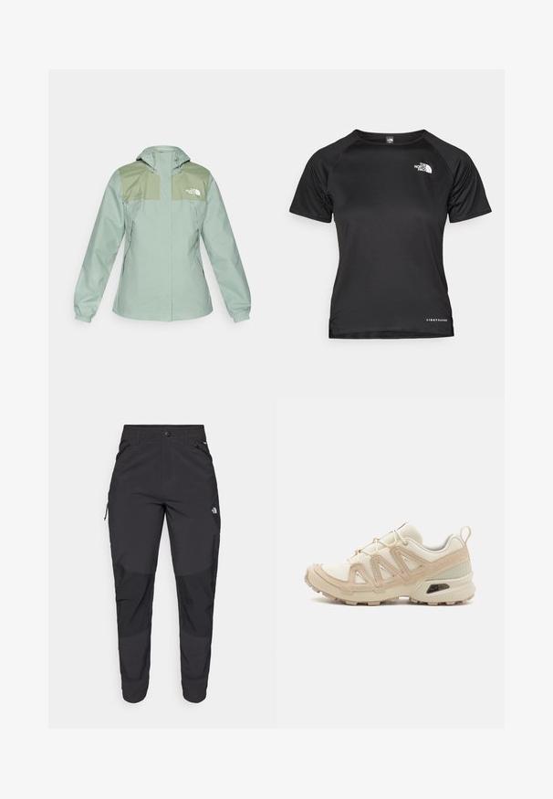 Chaqueta resistente al agua de color verde claro con capucha, que presenta paneles de hombro en verde oscuro, puños elásticos y bolsillos laterales con cremallera.; Camiseta atlética negra de manga corta hecha de tejido ligero. Presenta un cuello redondo, un patrón texturizado y un logotipo blanco en la parte superior izquierda del pecho.; Pantalones exteriores negros hechos de tela duradera. Cuentan con bolsillos con cremallera, refuerzos en las rodillas y un diseño de corte recto para mayor movilidad.; Zapatilla deportiva beige y crema con parte superior de malla texturizada, superposiciones de soporte y suela de goma con un patrón de tracción.