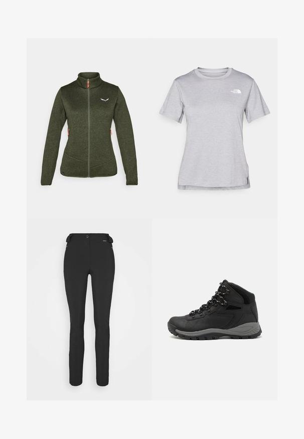 Tmavě zelená fleecová bunda s vysokým límcem, předním zipem, dvěma bočními kapsami a bílým logem. Má kontrastní oranžové táhla zipu.; Šedé tričko s krátkým rukávem vyrobené z měkké, vlhkosti odvádějící tkaniny. Obsahuje kulatý výstřih a malé bílé logo na levém horním rukávu.; Černé, přiléhavé kalhoty vyrobené z pružného materiálu. Mezi funkce patří boční kapsa na zip, anatomické kolena a hladký povrch.; Černé turistické boty s mírně vyšším střihem, které mají texturovaný svršek, šedé detaily a odolnou gumovou podrážku s trakčními výstupky.