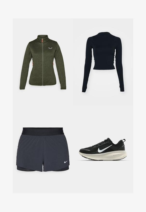 Casaco de polar verde escuro com gola alta, fecho frontal, dois bolsos laterais e detalhe de logotipo branco. Apresenta puxadores de zíper laranja em contraste.; Top cropped preto de mangas longas com um decote alto. Feito de um material liso e ajustado, sem padrões ou detalhes visíveis.; Calças curtas de atletismo pretas com um cós elástico, apresentando um design em camadas e um pequeno logótipo da Nike em branco no canto inferior esquerdo. Material leve.; Sapatilha de corrida Nike preta com parte superior de malha respirável, logotipo Swoosh branco, detalhes texturizados e uma entressola ZoomX na cor creme.
