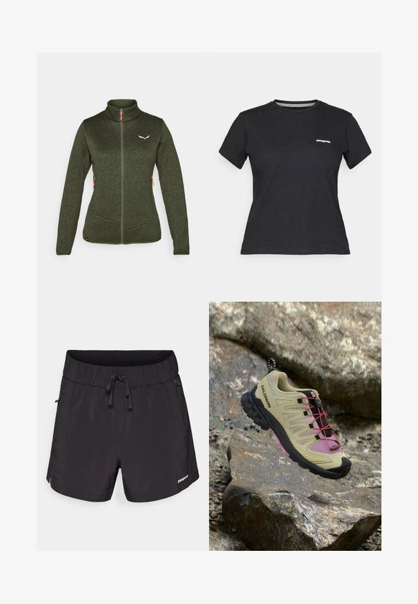 Tume roheline fliisjakk kõrge kaelusega, esimesel tõmblukku, kahe küljetaskuga ja valge logo detailiga. Omab kontrastsete oranžide tõmblukukäepidemete. ; Must musta T-särk ümmarguse kaelusega ja lühikeste varrukatega. Vasakul rinnal on valge "Patagonia" logo.; Mustad mustad ujumispüksid kergest kangast, elastse vöökoha, paelaga ja küljetaskutega funktsionaalsuse jaoks.; Beige jooksujalats roosade aktsentidega, tekstuuriga võrkkangast seinad, must kummist tall ja punane paeltesüsteem. Omab tõmbenoolt kandmisel.