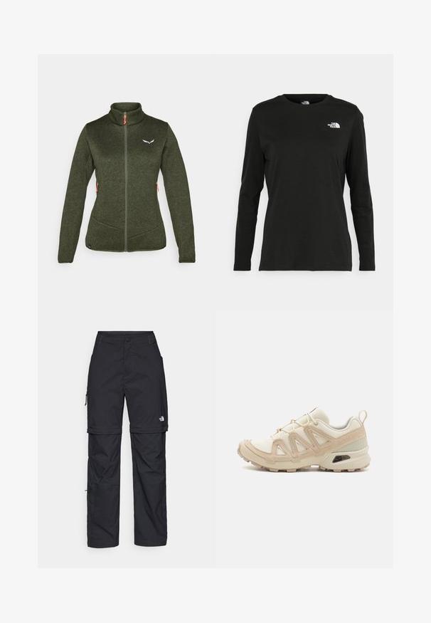 Ciemnozielona polarowa kurtka z wysokim kołnierzem, przednim zamkiem, dwoma bocznymi kieszeniami i białym logo. Posiada kontrastujące pomarańczowe uchwyty do zamka.; Czarna koszulka z długim rękawem z bawełny z okrągłym dekoltem. Posiada niewielkie białe logo po lewej stronie na piersi. Prosty design i fason.; Czarne nylonowe spodnie cargo z odpinanymi nogawkami, regulowanymi mankietami, wieloma kieszeniami oraz logo na prawej nogawce. Gładka, lekka tekstura.; Beżowe i kremowe buty sportowe z teksturowanej siateczki, wspierającymi nakładkami oraz gumową podeszwą z wzorem bieżnika zapewniającym przyczepność.