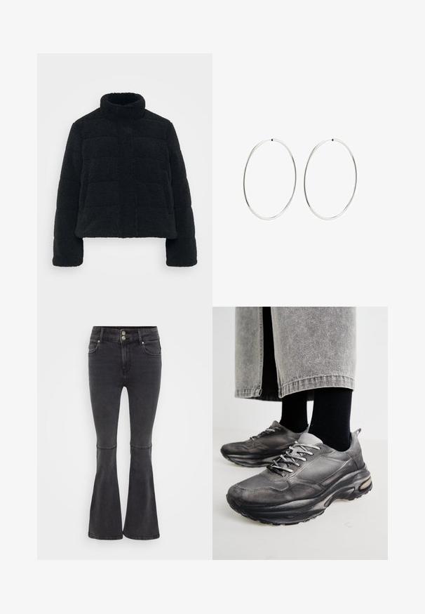 Črn, skrajšan jakna iz puhaste, strukturirane tkanine z visokim ovratnikom in podloženim dizajnom. Ima dolge rokave in sprednji zadrgo.; Bela skrajšana pulover, izdelan iz mehke pletene tkanine. Ima dolge, napihnjene rokave z rebrastimi manšetami in okroglo obliko vratu.; Črne široke kavbojke iz denima, z visokim pasom, dvojno zapiranje na gumb in sprednjimi žepi z urejenim robom.; Črne in sive športne čevlje imajo mrežast zgornji del, debele podplate in vezalke. Imajo zaobljen nos in opazne podrobnosti oblazinjenja.; Srebrne obročaste uhane z gladkim, okroglim dizajnom in poliranim zaključkom. So tanke in lahke, z enostavnim zapiranjem na sponko.