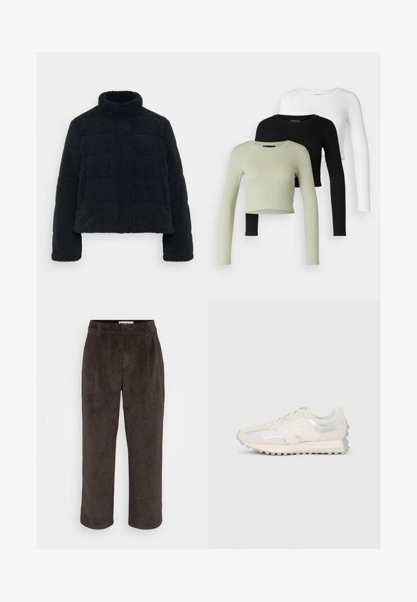 Black, cropped jacket made of plush, textured fabric with a high collar and padded design. Features long sleeves and a front zip closure.; Even&Odd Petite 3 PACK - Long sleeved top - black/white/light green; Brown corduroy trousers featuring a straight-leg design, subtle texture, and a front button closure with side pockets.; Low-profile cream and silver sneaker with laces and textured sole, viewed from the side against a plain white background.