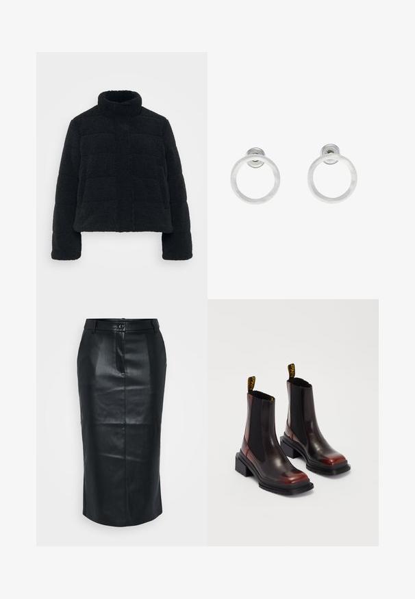 Svart, kort jakke laget av plyssaktig, teksturert stoff med høy krage og polstret design. Har lange ermer og glidelås foran.; Even&Odd Petite 2 PACK - Topper - light grey/black; Svart skinn blyantskjørt med høy midje, bakslitt, glatt tekstur og en enkel knepe. Har et skreddersydd, figursydd design.; Dr. Martens MAYBOLE CHELSEA - Platåstøvletter - black/cherry red; Sølvmetall hoop øreringer med børstet tekstur, med en sirkulær design og klar feste bak for sikker bruk.