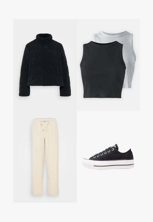 Czarna, krótkia kurtka wykonana z pluszowego, teksturowanego materiału, z wysokim kołnierzem i pikowaną konstrukcją. Posiada długie rękawy oraz zamek błyskawiczny z przodu.; Even&Odd Petite - Top; Even&Odd Petite - Spodnie materiałowe; Czarne trampki na canvasie z białą gumową podeszwą, okrągłym noskiem, niskim fasonem, metalowymi oczkami oraz teksturowanym noskiem. Cienka czarna linia wzdłuż podeszwy.