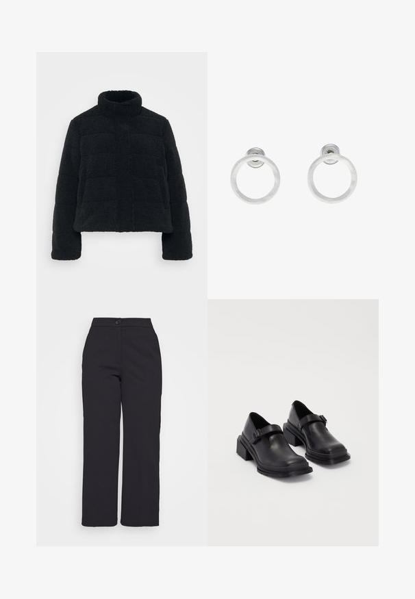 Black, cropped jacket made of plush, textured fabric with a high collar and padded design. Features long sleeves and a front zip closure.; Even&Odd Petite 2 PACK - Top - light grey/black; Black wide-leg trousers made of smooth fabric, featuring a button closure and a clean, tailored design without visible pockets.; Black leather shoes with a rounded toe, flat sole, and a strap with a buckle detail. Chunky block heel for added stability.; Silver metal hoop earrings with a brushed texture, featuring a circular design and a clear post back for secure wear.