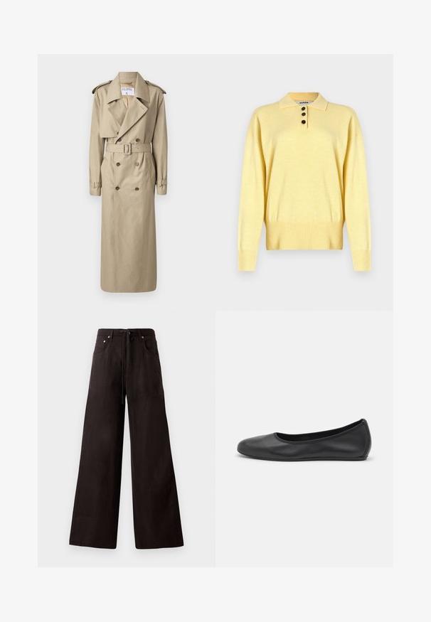 Filippa K Trenchcoat - khaki beig; Gul strikket polo sweater med krave, der har tre mørke knapper, ribbet bund og lange ærmer, lavet af blødt stof.; Sorte vide bukser lavet af letvægtigt stof. Har en justerbar talje, forlommer og en subtil tekstur.; Sort læderballetsko med rund tå, glat tekstur, minimal syning og et fleksibelt såldesign.