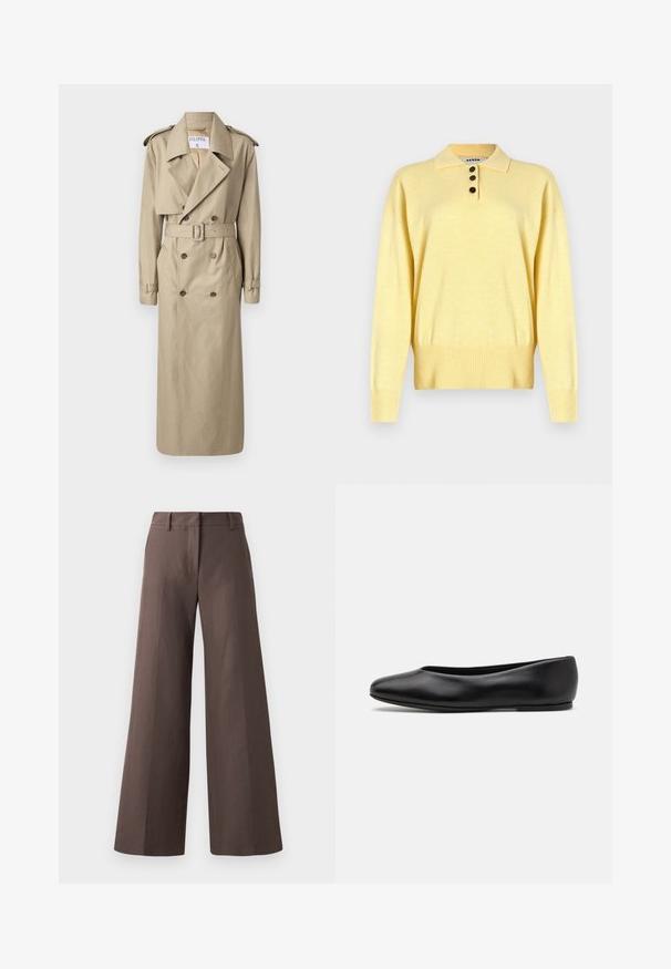 Filippa K Trenchcoat - khaki beig; Yellow knitted polo sweater with a collar, featuring three dark buttons, ribbed hem, and long sleeves, made from soft fabric.; Brown wide-leg trousers made from a smooth fabric; features a flat front, belt loops, and vertical seams down the legs.; Paul Smith TOPANGA - Ballet pumps - black