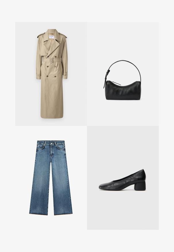 Filippa K Trenčkot - khaki beig; Černé tričko s krátkým rukávem a výstřihem do V s jednoduchým, přiléhavým designem na bílém pozadí.; Světle modré džíny s širokými nohavicemi vyrobené z denimu, s vysokým pasem, pěti kapsami, kontrastním prošíváním a třepeným lemem na spodní části.; Černé kožené lodičky s kulatou špičkou a středním blokovým podpatkem. Hladký povrch s minimálním zdobením, s jemným elastickým otvorem.; Černá kožená taška přes rameno s zakřiveným designem, zipovým uzávěrem a štíhlým popruhem. Má jemnou texturu a subtilní detaily šití.