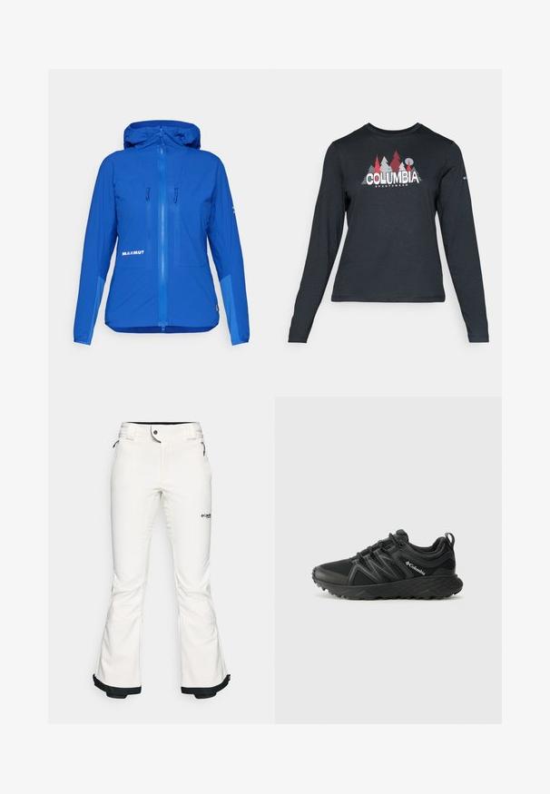 Sinine kerge jope, millel on kapuuts, lukuga esiosa, kaks rinna taskut ja diskreetne brändimine alumisel paremal küljel.; Pikend varrukatega tumehall särk, millel on punaste puude ja mägede graafika; "COLUMBIA" logo julge valge tekstiga. Pehme kangas, tavaline ümmargune kaelus.; Valged suusapüksid, mis on valmistatud pehmest ja paindlikust materjalist. Omavad vormitud talje, laiu flöödid ja musta äärist varrukatel. Brändi logo on nähtav.; Columbia PEAKFREAK - Matkajalatsid - black