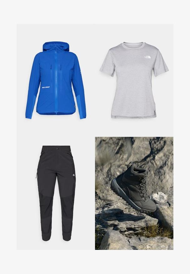 Modrá ľahká bunda s kapucňou, zipsom vpredu, dvoma náprsnými vreckami a diskrétnym logom na dolnej pravej strane.; Sivý tričko s krátkym rukávom vyrobené z jemného, vlhkosť odvádzajúceho materiálu. Obsahuje okrúhly výstrih a malé biele logo na hornej ľavej strane.; Čierne vonkajšie nohavice vyrobené z odolného materiálu. Obsahujú vrecká na zips, zosilnené kolenné panely a rovný strih pre pohyblivosť.; Tmavošedá turistická obuv vyrobená z syntetického materiálu, s polstrovaným golierom, kovovými očkami a textúrovanou gumovou podrážkou pre lepšiu trakciu.
