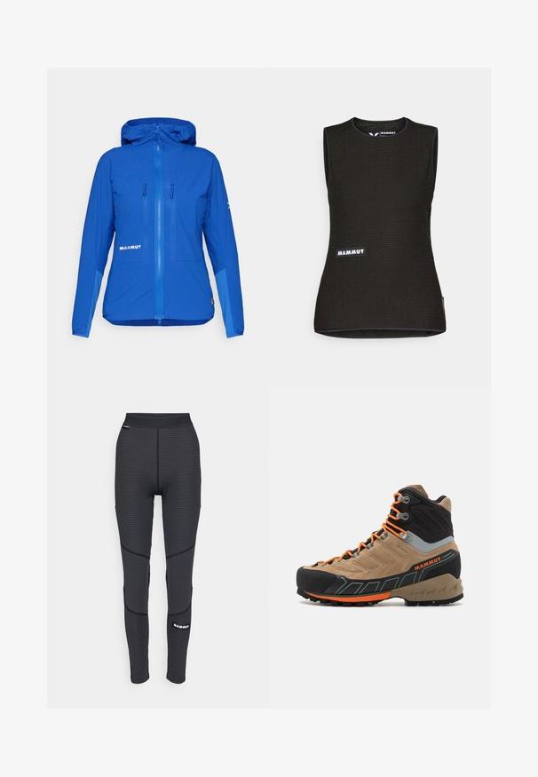 Plava lagana jakna s kapuljačom, kopčanjem na munje, dva džepa na prsima i diskretnim brandingom na donjoj desnoj strani.; Crna majica bez rukava s teksturiranim uzorkom, ima okrugli izrez i "MAMMUT" logo sprijeda. Izrađena od prozračnog materijala.; Crne atletske tajice s teksturiranim panelima i pojačanim šavovima, s brendiranim logom i širokim, elastičnim pojasom.; Bež i crna visoka planinarska čizma s narančastim vezicama, gumeni zaštitni vrh, teksturirani gornji dio i robusna potplat. Ima pojačanu podršku za gležnjeve.