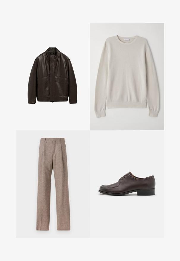 Brown leather jacket with a high collar, zip closure, and two large front pockets; features a smooth texture and relaxed fit design.; Light beige sweater made of soft knit fabric. Crew neckline, long sleeves, ribbed cuffs, and hem with subtle texture detail.; Brown, high-waisted trousers made of textured fabric. Features wide legs and two front pleats for structure. Neat finish with no visible hardware.; Brown leather dress shoe with a smooth texture, rounded toe, and closed lace-up design. Features a low stacked heel and subtle stitching detail.