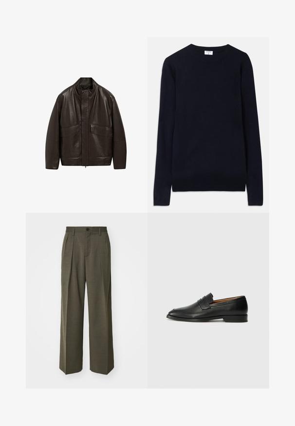 Brown leather jacket with a high collar, zip closure, and two large front pockets; features a smooth texture and relaxed fit design.; Navy blue crew-neck sweater made of soft fabric, featuring long sleeves and ribbed detailing at the collar and hem. Clean, minimalist design.; Filippa K WIDE TROUSERS - Trousers - driftwood; Black leather loafer with a rounded toe, subtle stitched detailing, and a low heel, featuring a smooth texture and minimalist design.