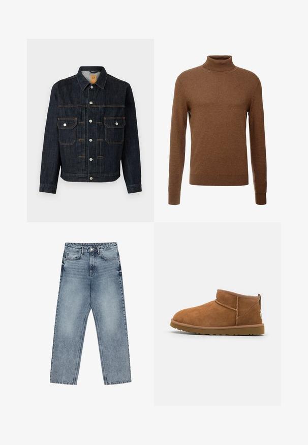 Giacca in denim scuro con chiusura a bottoni, due tasche sul petto, bottoni bianchi e cuciture arancioni. Design classico con colletto e maniche lunghe.; Maglione dolcevita marrone realizzato in tessuto morbido, con maniche lunghe, polsini a coste e un design aderente senza motivi visibili.; Jeans in denim azzurro chiaro con taglio a gamba dritta, cuciture visibili, design a cinque tasche e chiusura a bottoni in vita.; Stivaletto in camoscio color tan con punta rotonda, dettagli di cucitura discreti e suola in gomma texture. Altezza ridotta senza lacci.