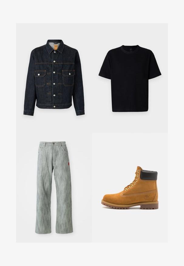 Mørk denimjakke med knaplukning, to brystlommer, hvide knapper og orange syninger. Klassisk design med krave og lange ærmer.; Sort bomulds t-shirt med rund halsudskæring, korte ærmer og lige snit. Har minimal syning og en blød, glat tekstur.; Lys grå lige ben jeans med for- og baglommer, knaplukning og et lille rødt stofmærke på højre side.; Tan nubuck ankelstøvle med sort polstret krave, gyldne metaløjer, hvid syning detaljer og robust gummisål med udtalte slidbaner.