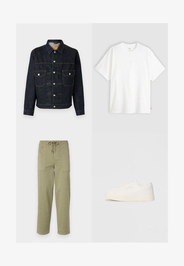 Veste en denim foncé avec un front à boutons, deux poches poitrine, boutons blancs et coutures orange. Design classique avec col et manches longues.; T-shirt blanc à manches courtes en coton avec col rond. Présente un détail de logo en relief discret à l'avant et une étiquette rouge à l'ourlet.; Pantalons vert olive clair en tissu mélangé coton, dotés d'une taille élastique avec cordon de serrage et de deux grandes poches latérales.; Baskets blanches sans lacets avec une surface texturée, une semelle épaisse et un design minimaliste. Présente le logo de la marque sur le côté.
