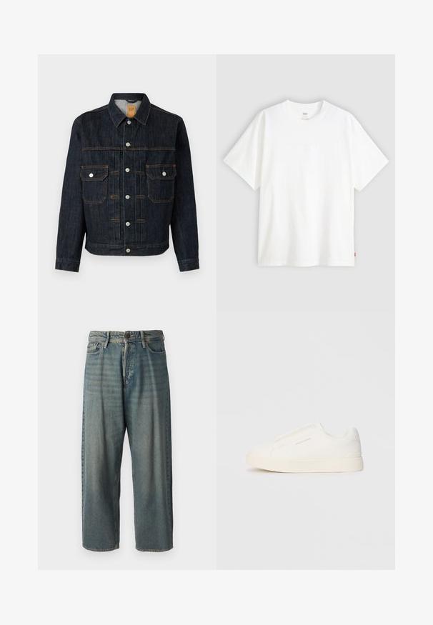 Tamni traper jakna s dugmadi sprijeda, dva džepa na grudima, bijelim dugmadi i narančastim šavovima. Klasičan dizajn s ovratnikom i dugim rukavima.; Bijela kratka majica od pamuka s okruglim izrezom. Sadrži suptilni reljefni logo detalj sprijeda i crvenu oznaku na rubu.; Svijetloplave traperice s širokim krojem, srednjim pojasom i ravnim nogavicama. Ima pet džepova, petlje za remen i kopčanje na gumb.; Bijele slip-on tenisice s teksturiranom površinom, debelim đonom i minimalističkim dizajnom. Sadrže logo branda sa strane.