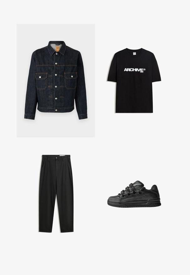 Dunkelblaue Jeansjacke mit Knopfleiste, zwei Brusttaschen, weißen Knöpfen und orangefarbenen Nähten. Klassisches Design mit Kragen und langen Ärmeln.; Schwarzes Baumwoll-T-Shirt mit einem weißen "ARCHIVE inc." Logo auf der Brust, kurzen Ärmeln und einem Rundhalsausschnitt.; Schwarze Baumwollhose mit lockerem Schnitt, ausgestattet mit einem klassischen Bund, vorderen Falten und Seiten taschen. Glatte Textur ohne Muster.; Schwarze Sneakers mit einem glatten Leder-Obermaterial, strukturierten Akzenten und runden schwarz-weißen Schnürsenkeln. Dicke Gummisohle mit einem gemusterten Profil.