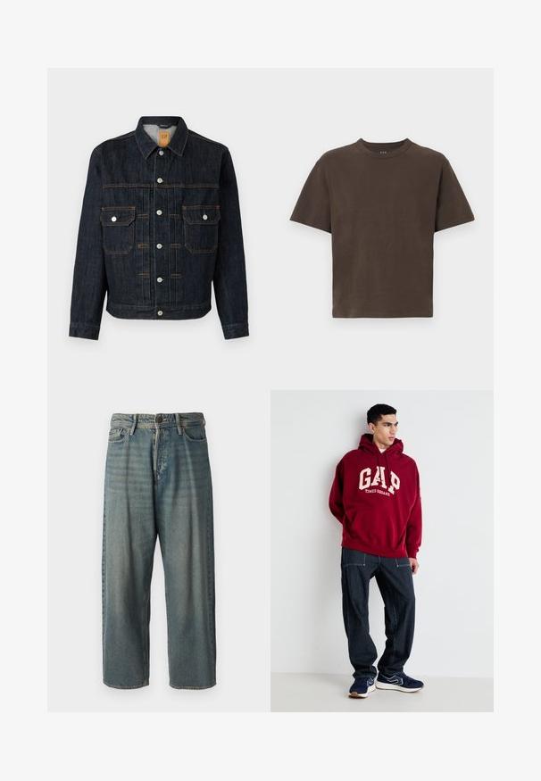 Sötét farmerdzseki gombos elülső résszel, két mellzsebbel, fehér gombokkal és narancssárga öltésekkel. Klasszikus dizájn gallérral és hosszú ujjal.; Barna pamut póló rövid ujjakkal és kerek nyakkivágással. Simaság jellemzi, minimalista dizájn, minta vagy egyéb részletek nélkül.; Világoskék farmernadrág, laza fazonnal, közepes derékbőséggel és egyenes szárral. Öt zsebet, övbucskát és gombos záródást tartalmaz.; Burgundi kapucnis sweatshirt "GAP" és "TIMES SQUARE" felirattal krémszínben, sötétkék csíkos nadrággal és sötétkék sportcipővel, fehér részletekkel.