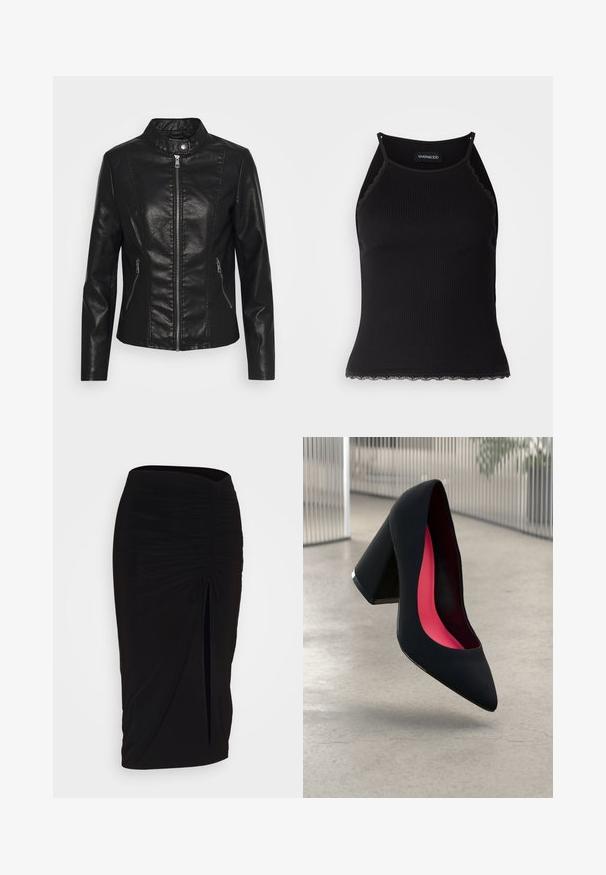 Melnā mākslīgās ādas jaka ar stāvo apkakli, priekšējo rāvējslēdzēju, divām sānu rāvējslēdzēju kabatām un pieguļošu siluetu. Gluda tekstūra un tīras līnijas.; Melna ribota topiņa ar izšūtu mežģīņu apdari apakšmalā. Iezīmē plānas siksniņas un pielāgotu piegriezumu. Izgatavota no stiepjama auduma.; Melna, ručām veidota zīda svārku ar saišu detaļu un sānu izgriezumu. Izgatavota no elastīga auduma, ar gludu tekstūru un pieguļošu dizainu.; Melna augsta papēža kurpe ar smailu purngalu, teksturētu virsmu un dzīvespriecīgu rozā interjeru. Satur masīlu papēdi ar sudraba akcentu.