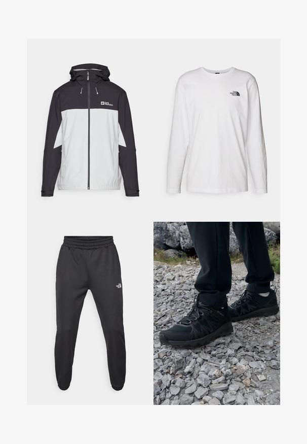 Giacca impermeabile bianca e nera con cappuccio, chiusura con zip e polsini elasticizzati. Presenta un audace blocco di colore e un logo sul petto.; T-shirt bianco a maniche lunghe in cotone con colletto rotondo. Presenta un piccolo logo nero sul petto. Texture liscia, vestibilità regolare.; Pantaloni sportivi neri con vita regolabile tramitecordino, vestibilità affusolata, polsini elasticizzati e un piccolo logo bianco sulla coscia sinistra, realizzati in tessuto morbido.; Scarpe da esterni nere realizzate in mesh e materiale sintetico, con una parte superiore testurizzata, un sistema di allacciatura sicuro e una suola robusta, su terreno roccioso.