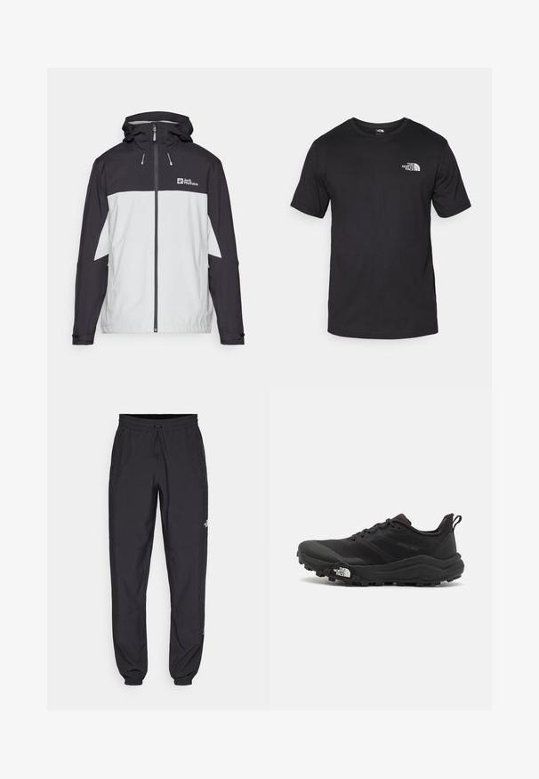 Black and white waterproof jacket with a hood, zip closure, and elastic cuffs. Features bold color blocking and a logo on the chest.; Black short-sleeve t-shirt made of cotton, featuring a round neckline and a small white logo on the upper left chest area.; Black athletic pants made from lightweight fabric, featuring a drawstring waistband, side pockets, and tapered cuffs at the ankles.; Black trail running shoe with a textured upper, rubber sole, and reinforced toe cap. Features a padded collar and pull tab for easy wear.