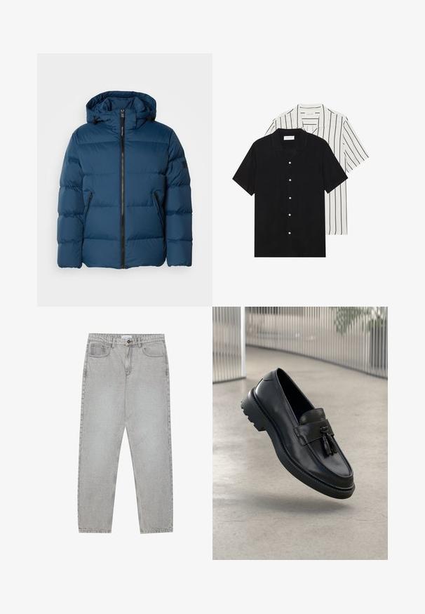 Sinine puffjakker, millel on kapuuts, esi tõmblukk, kaks küljetaskut ja isoleeritud nüansid. Sile, veekindel materjal.; Kaks lühikeste varrukatega särki: üks ühtlane must, teine valge mustade vertikaalsete triipudega. Mõlemal on nööbiga kinnitamine ja klassikaline krae.; Heledad hallide denimpüksid otse säärekujundusega, viie-taskulise stiliseerimise ja nupukinnitusega. Nähtav õmblus kõrvuti.; Mustad nahast mokassiinid, millel on sile viimistlus, dekoratiivne tutt, paks kummist tald ja õmmeldud detailid. Kerge ja voolujooneline disain.