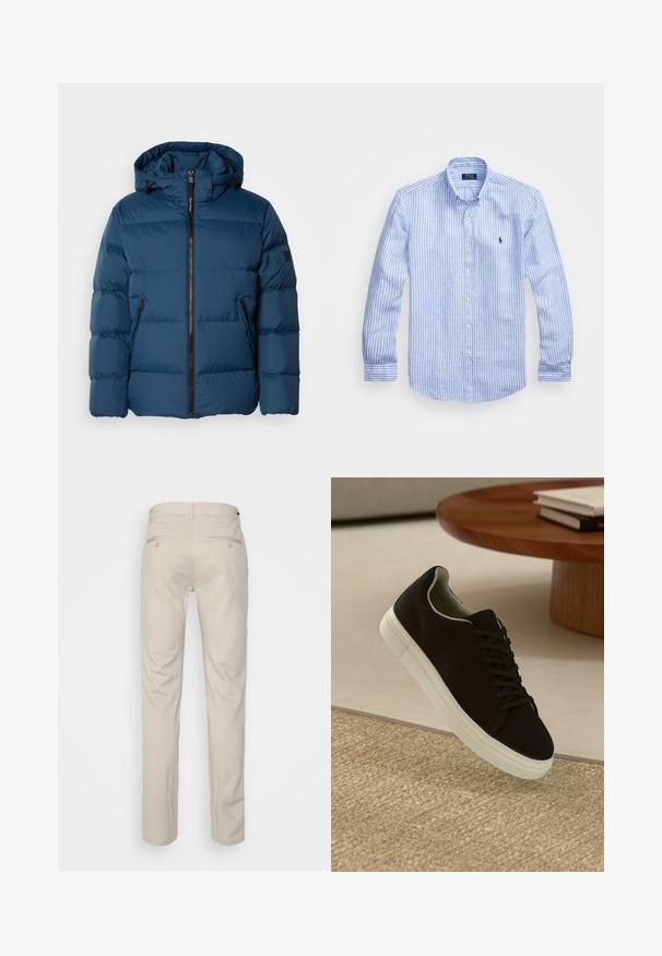 Sinine puffjakker, millel on kapuuts, esi tõmblukk, kaks küljetaskut ja isoleeritud nüansid. Sile, veekindel materjal.; Sinine ja valge triibuline pikkade varrukatega särk, mis on valmistatud puuvillast, ning millel on nööbitav krae, esi-nööbid ja väikese tikandiga logo rinnal.; Bež püksid siledas tekstuuris, sirge lõikega, kahe nööpidega tagataskuga ja tavalise vöökohaga.; Mustad musta tossuga valge tallaga, mis hõljub beeži tekstuuriga vaiba kohal, ümaral puidust laual, mille peal on kokku virnastatud raamatud.