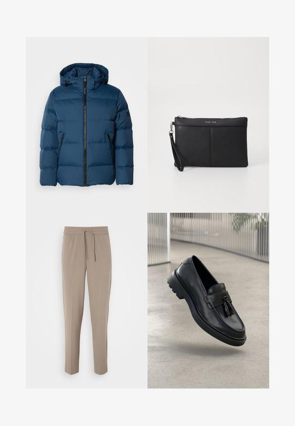 Sinine puffjakker, millel on kapuuts, esi tõmblukk, kaks küljetaskut ja isoleeritud nüansid. Sile, veekindel materjal.; Viie t-särgi komplekt mustas, valges ja tumesinisest. Puuvillane kangas, lühikesed varrukad, ümar kaelaauk ja ühtlane tekstuur ilma mustriteta.; Heledad beezised püksid elastse vöökohtaga, reguleeritava paelaga ja kitsenevad sääred. Kanga pind näib sile ja kerge sära.; Mustad nahast mokassiinid, millel on sile viimistlus, dekoratiivne tutt, paks kummist tald ja õmmeldud detailid. Kerge ja voolujooneline disain.; Must musta klamber, millel on luku sulgemine, randme rihm ja sile tekstuur. Omab peent õmblust ja esiküljel on reljeefne logo.