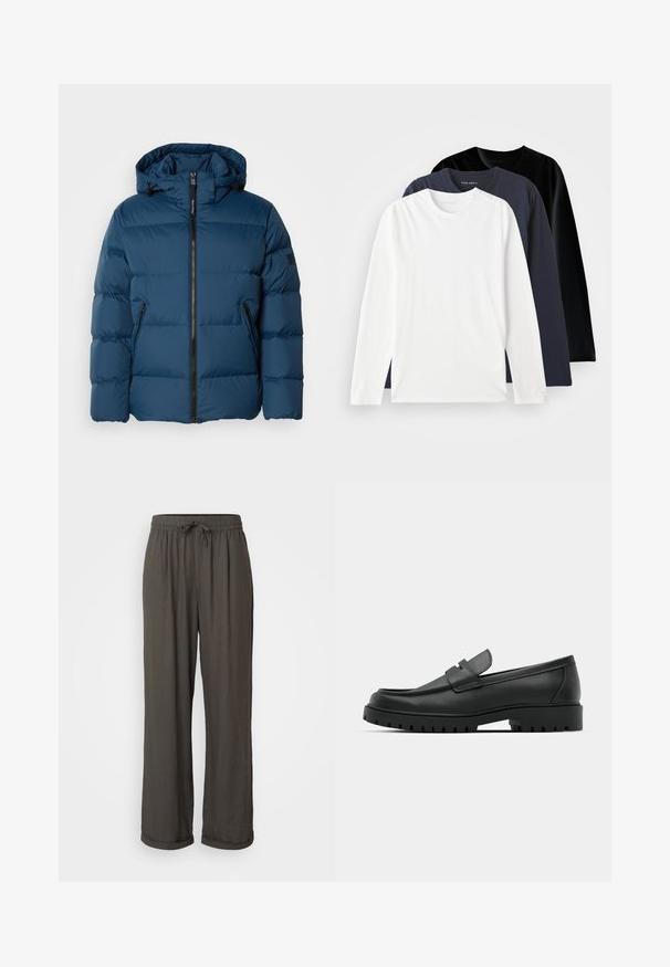Kék puffaják kapucnival, elöl cipzárral, két oldalsó zsebbel és steppelt részekkel a szigetelés érdekében. Simább, vízlepergető anyag.; Három hosszú ujjú póló halmozva: egy fehér, egy sötét tengeri kék és egy fekete. Simított pamutból készült, kerek nyakkivágással és oldalsó hasítékokkal rendelkezik.; Sötétszürke, bővülő lábú nadrág, zsinóros derekú, puha, texturált anyagból készült, és a bokáknál felgöngyölített ujjak jellemzik.; Fekete bőr loafer cipők kerek orral, varrott mintázattal, alacsony platformtalpú és texturált, barázdált gumitalppal.