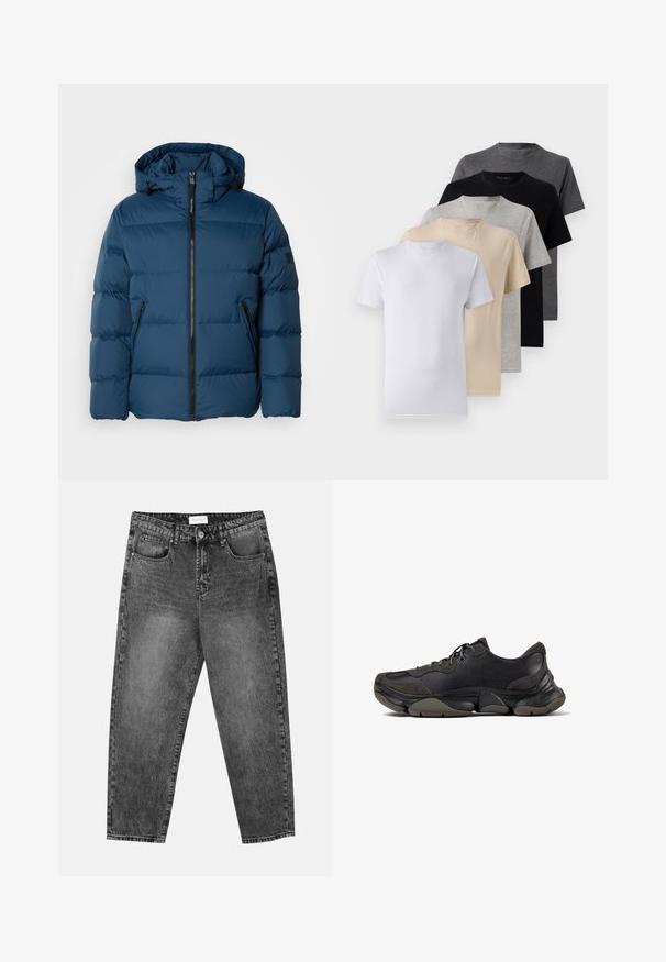 Casaco puffer azul com capuz, apresentando um fecho de correr na frente, dois bolsos laterais e secções acolchoadas para isolamento. Material liso e resistente à água.; Conjunto de cinco t-shirts de manga curta nas cores branco, bege, cinza claro, cinza escuro e preto. Feitas de algodão suave, com design de gola redonda.; Jean straight-leg preto deslavado com bolsos frontais e traseiros, passantes para cinto e fecho de botão na cintura.; Sapatilha desportiva preta com sola texturizada, parte superior em couro e camurça, colarinho almofadado e fecho com atacadores, apresentada em perfil lateral.