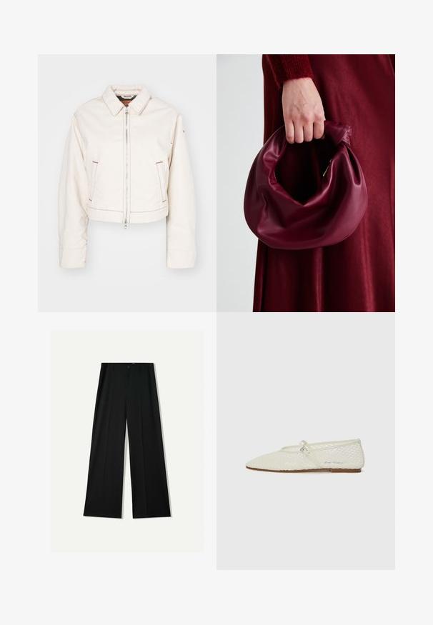 Rövidített fehér farmerdzseki elülső cipzárral, két oldalsó zsebbel, piros varrási részletekkel és klasszikus galléros kivitelben.; Fehér póló fekete felirattal, amely egy zenei eseményt népszerűsít, benne az "Exkluzív Hozzáférés", "Rock Indie Koncertek" és "Szupersztár Zenei Élmény" szöveggel.; Bershka WIDE - Nadrágok - black; Krém színű, hálós balettcipő hegyes orral és állítható pánttal. Texturált felsőrésszel és lapos, barna talppal rendelkezik.; Burgundi bőrtáska puhán ráncolt dizájnnal és kerek alakban. A fogantyú rögzítve van, sima textúrával rendelkezik.