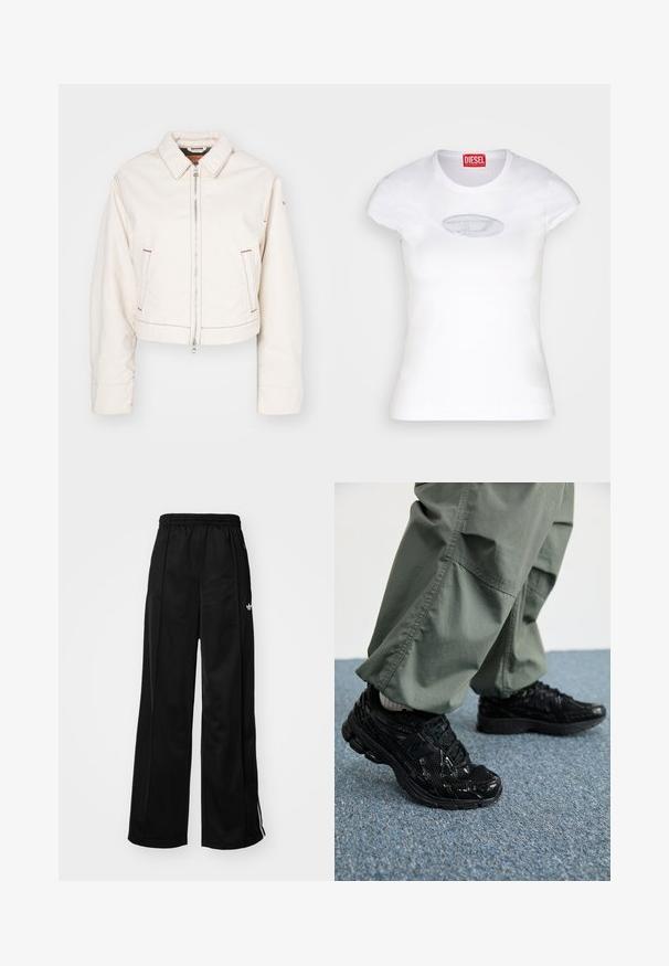 Skrajšana bela denim jakna z zadrgo spredaj, dvema stranskima žepoma, rdečimi našitki in klasičnim ovratnikom.; Bela prilegajoča majica iz bombaža z okroglim ovratnikom in kratkimi rokavi, na sprednji strani z lahkim modrim vezenim logotipom.; Črne široke trenirke z elastičnim pasom, ki imajo bele stranske črte in majhen logotip na levem boku. Gladka tekstura tkanine.; Črne športne superge z sijajnimi in mrežastimi teksturami, ki imajo debel podplat in vezalke, v kombinaciji z ohlapnimi olivno zelenimi cargo hlačami.