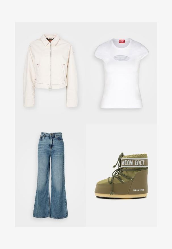 Apkirptas baltas džinsinis švarkas su priekiniais užtrauktukais, dviem šoninėmis kišenėmis, raudonais siūlės akcentais ir klasikinio apykaklės dizainu.; Baltas figūruotas marškinėlis pagamintas iš medvilnės, turintis apvalų kaklą ir trumpas rankoves, priekyje su šviesiai mėlynu išsiuvinėtu logotipu.; Aukštu liemeniu, šviesiai mėlyni, plačios kojomis džinsai su priekinėmis kišenėmis ir užsegimu mygtuku, rodomi prieš paprastą baltą fono.; Moon Boot ICON LOW UNISEX - Žieminiai batai - khaki