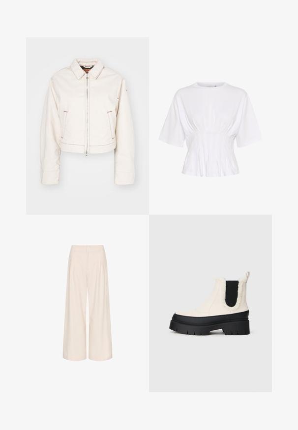 Skrajšana bela denim jakna z zadrgo spredaj, dvema stranskima žepoma, rdečimi našitki in klasičnim ovratnikom.; Bela kratka majica s kratkimi rokavi, izdelana iz mehkega materiala, z okroglim izrezom in nabranimi detajli v pasu za telesno prilegajoč videz.; Kremne hlače širokega kroja z gubami, narejene iz gladkega materiala. Imajo visok pas in stranske žepe za funkcionalnost.; Masivne platformne gležnjarje z belo zgornjico, črnimi gumijastimi podplati in kontrastnimi črnimi elastičnimi stranskimi paneli. Umetni krzneni rob na zgornjem robu.