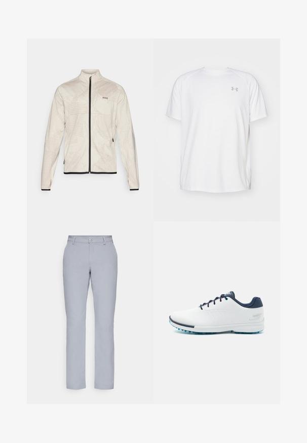 Vaaleanbeige takki, jossa on geometrisia kuvioita, täysi vetoketju, korkea kaulus sekä mustat yksityiskohdat hihansuissa ja helmassa. Sisältää BOSS-logon monivärisinä.; Valkoinen lyhythihainen urheilupaita, joka on valmistettu sileästä kankaasta. Paidassa on pyöreä kaula-aukko ja harmaa logo vasemmassa rinnassa, sekä sivuhalkiot helmassa.; Harmaat suorat housut, nappikiinnitys, etutaskut ja sileä, teksturoitu kangas. Minimalistinen muotoilu, ilman kuvioita.; Valkoiset urheilukengät sileällä synteettisellä päällisellä, siniset yksityiskohdat, teksturoitu tummansininen kantapää ja kevyet, piikkiset pohjat pidon lisäämiseksi.