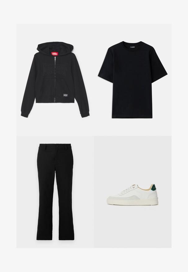 Crna dukserica sa zipom izrađena od mekanog materijala, s velikim natpisom "WORKSHOP" sprijeda, kenguru džepom i skraćenim dizajnom.; Crna pamučna majica s okruglim izrezom i kratkim rukavima. Ima diskretno izvezeno logotip na lijevoj strani prsa. Ravna, glatka tekstura.; Crne trapezaste hlače od mješavine pamuka, sa kopčanjem na dugme, petljama za pojas i glatkom teksturom bez vidljivih uzoraka.; Bijele tenisice s akcentima od antilopa, zaobljenim vrhom, ravnim vezicama i krem gumenim potplatom. Imaju zelenu oznaku na peti.