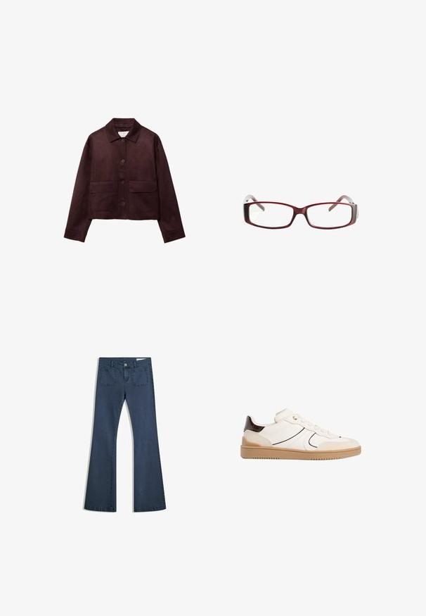 Kurz geschnittene Jacke aus braunem Wildleder mit Kragen, vorderem Knopfverschluss und zwei großen aufgesetzten Taschen. Verfügt über lange Ärmel und ein kurzes Design.; Weißes T-Shirt aus weichem, leichtem Stoff. Mit runder Halslinie und kurzen, weit geschnittenen Ärmeln für einen lässigen Sitz. Keine sichtbaren Muster.; Dunkelblaue, ausgestellte Jeans aus Denim mit genähten Taschen, einem Knopfverschluss und einer glatten Textur. Mit einem klassischen Fünf-Taschen-Design.; Stradivarius Sneaker low - white; Rote rechteckige Brille mit schlankem Design. Klare Gläser, leicht durchsichtige Bügel und ein Verlaufseffekt von Rot zu Grau.