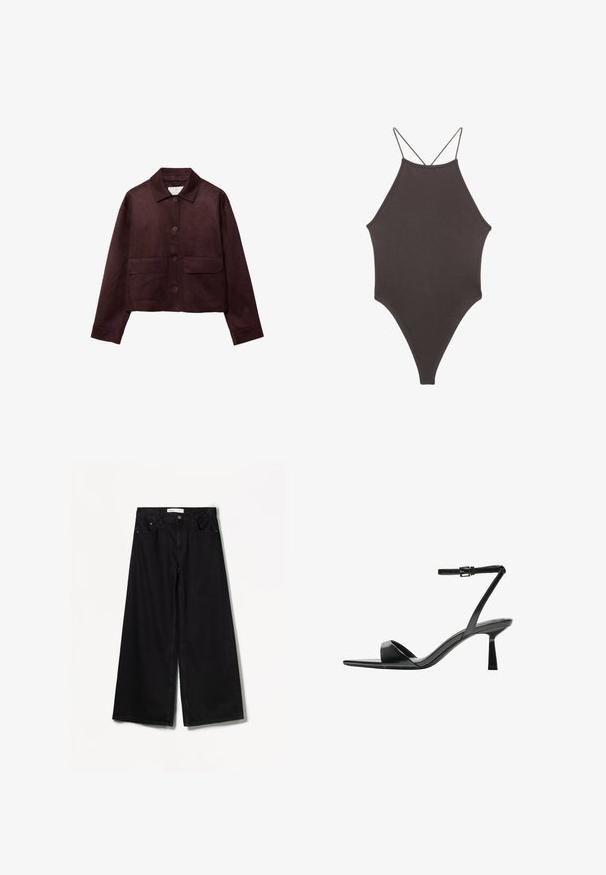 Lyhyt ruskea mokkajakku, jossa on kaulus, edessä nappi- ja kaksi suurta läpätaskua. Ominaisuuksiin kuuluvat pitkät hihat ja lyhyt malli.; Ruskea, korkeakauluksinen yksiosainen uimapuku, jossa on ohuet, säädettävät hihnat; siinä on korkea lahje ja sileä tekstuuri. Ei kuvioita tai koristeita.; Bershka WIDE-LEG - Leveälahkeiset - black; Bershka Korolliset sandaalit - black