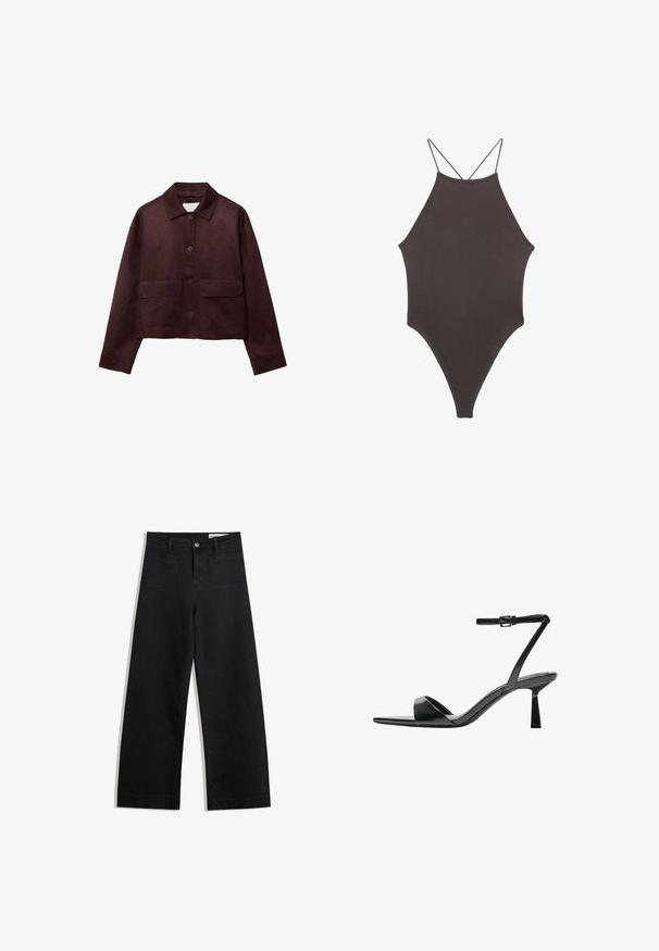 Lyhyt ruskea mokkajakku, jossa on kaulus, edessä nappi- ja kaksi suurta läpätaskua. Ominaisuuksiin kuuluvat pitkät hihat ja lyhyt malli.; Ruskea, korkeakauluksinen yksiosainen uimapuku, jossa on ohuet, säädettävät hihnat; siinä on korkea lahje ja sileä tekstuuri. Ei kuvioita tai koristeita.; Mustat leveät farkut korkealla vyötäröllä, joissa on etu- ja takataskut, ommellut saumat ja nappisuljenta. Silkinoinen rakenne.; Bershka Korolliset sandaalit - black