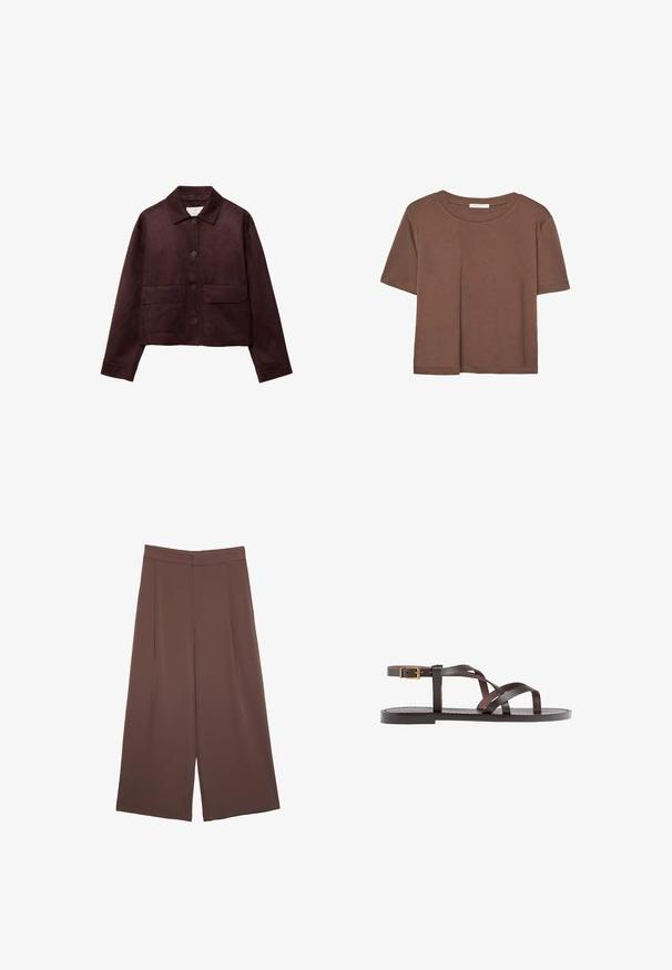 Krátká hnědá semišová bunda s límcem, zapínání na knoflíky vpředu a dvěma velkými náprsními kapsami. Má dlouhé rukávy a zkrácený střih.; Hnědé tričko s krátkým rukávem vyrobené z měkké látky, s kulatým výstřihem a volným střihem. Bez viditelných vzorů nebo dekorací.; Hnědé široké kalhoty s hladkou texturou, vysokým pasem a předními záhyby. Materiál je lehký a volně splývá.; Hnědé kožené sandály s kříženými pásky, uzavřením na přezku u kotníku a plochou podrážkou s minimem švů.