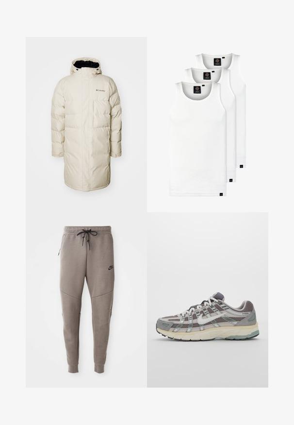 Giacca imbottita in beige chiaro con cappuccio, caratterizzata da sezioni trapuntate, tasche laterali e fodera interna nera. Logo Columbia sul petto.; Tre canotte bianche a coste in cotone. Presentano un colletto rotondo e piccole etichette nere vicino all'orlo. Disponibile in diverse taglie.; Pantaloni sportivi Nike grigi con cintura regolabile, gambe affusolate, tasche laterali e dettagli di cucitura distintivi. Tessuto morbido e texture.; Scarpa sportiva grigia con tomaia in mesh e suede, dettagli bianchi, suola ammortizzata e un design distintivo con elementi riflettenti.