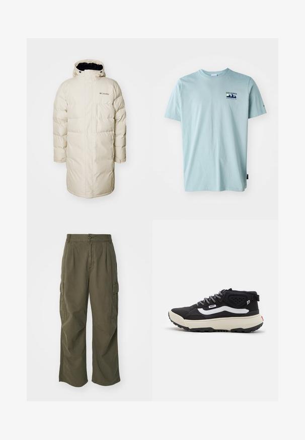 Puffer coat in light beige with a hood, featuring quilted sections, side pockets, and black interior lining. Columbia logo on chest.; Columbia EXPLORERS CANYON BACK TEE - Print T-shirt - crushed blue; Cargo pants in olive green, made of cotton, with a wide leg design, pleats, and side pockets for utility.; Black mid-top sneaker with a textured upper, white side stripe, gray laces, and a chunky cream sole. Features reinforced heel and black outsole.