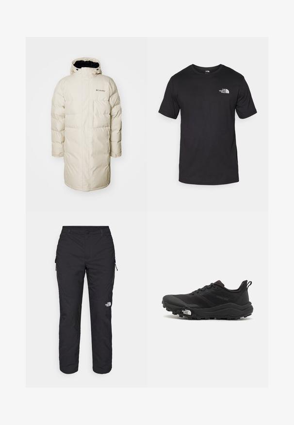 Puffermantel in hellbeige mit Kapuze, mit gesteppten Abschnitten, seitlichen Taschen und schwarzem Innenfutter. Columbia-Logo auf der Brust.; Schwarzes T-Shirt mit kurzen Ärmeln aus Baumwolle, mit einem runden Ausschnitt und einem kleinen weißen Logo auf der oberen linken Brust.; The North Face WINTER EXPLORATION TAPERED CARGO - Outdoor-Hose - black; Schwarzer Trailrunning-Schuh mit strukturiertem Obermaterial, Gummisohle und verstärkter Zehenkappe. Verfügt über einen gepolsterten Kragen und eine Ziehlasche für einfaches Anziehen.